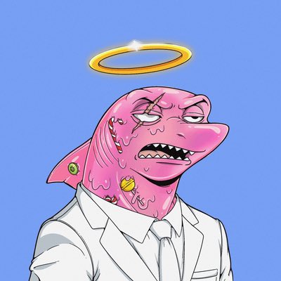 A cartoon illustration of a pink shark in a white suit with a golden halo above its head, sweating and looking angry against a blue background.
