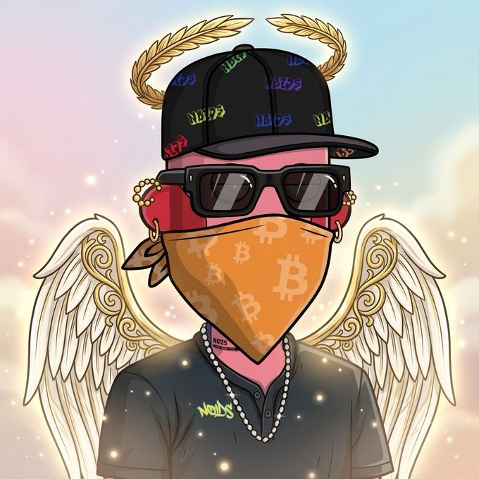 A cartoon character wearing a black cap, sunglasses, and a Bitcoin-patterned bandana over their face appears with angel wings and a laurel halo, surrounded by a glowing pastel sky. The character sports gold chains with "N09S" and "Nostalgia" tags, fitting the "gm nfts" post's crypto and NFT culture vibe with its stylized Web3 streetwear aesthetic.