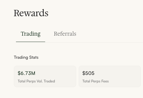 A 'Rewards' page showing a 'Trading' tab with $6.73M Total Perps Vol. Traded and $505 Total Perps Fees.