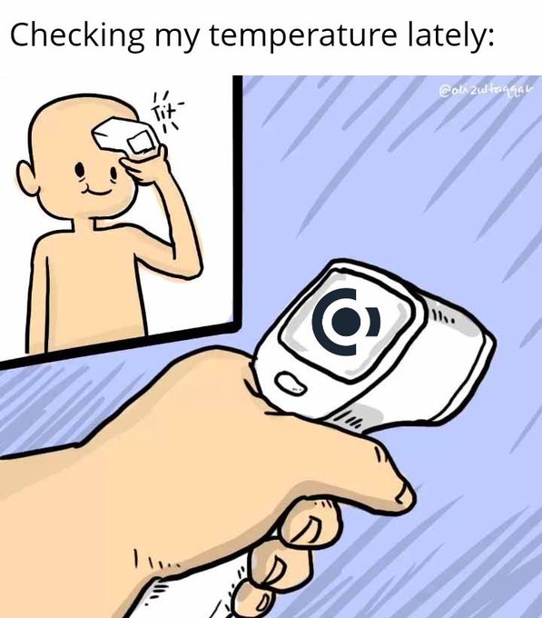 A comic-style illustration titled 'Checking my temperature lately:' showing a bald character using a forehead thermometer, with the device displaying the Tumblr logo instead of a temperature.