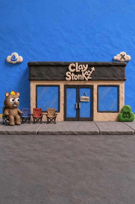 A clay diorama of a storefront named 'Clay Stonks' with a blue facade, a 'CLOSED' sign on the door, a small bear character with a hard hat sitting outside, and two cloud icons on the wall.
