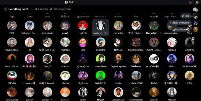 The image shows a Discord server called "Everything Latch" with 2 moderators and 495 online members, featuring numerous user avatars and active voice channels labeled "iti grialo everyone" and "iti grialo fam," which aligns with the post promoting Rialo's community and their alpha-sharing Discord channel at discord.gg/RialoProtocol.