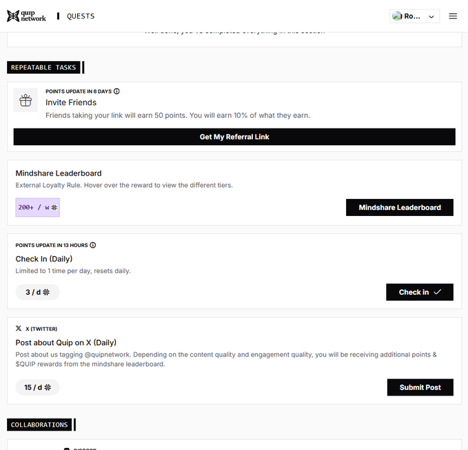 Screenshot of the Quip Network 'QUESTS' page showing tasks like 'Invite Friends', 'Mindshare Leaderboard', 'Check In (Daily)', and 'Post about Quip on X (Daily)' with point values.