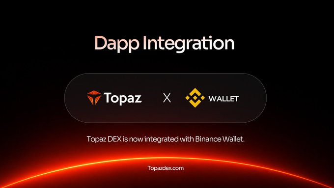 The image features a "Dapp Integration" announcement showcasing the Topaz and Binance Wallet logos side by side, with the text "Topaz DEX is now integrated with Binance Wallet" and the website "Topazdex.com" displayed against a dark background with a glowing red curve at the bottom. This visual supports the post's message about expanding Topaz DEX's accessibility on BNB Chain through its new Binance Wallet integration.