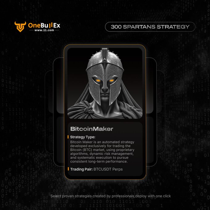 A promotional graphic for OneBullEx (www.11.com) advertising a '300 SPARTANS STRATEGY' featuring 'BitcoinMaker,' an automated trading strategy for BTCUSDT Perps.