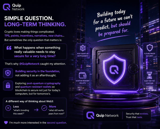 Promotional graphic for Quip Network with the tagline 'SIMPLE QUESTION. LONG-TERM THINKING.' highlighting post-quantum cryptography and quantum-resistant wallets, with 'Security that evolves. Trust that lasts.'
