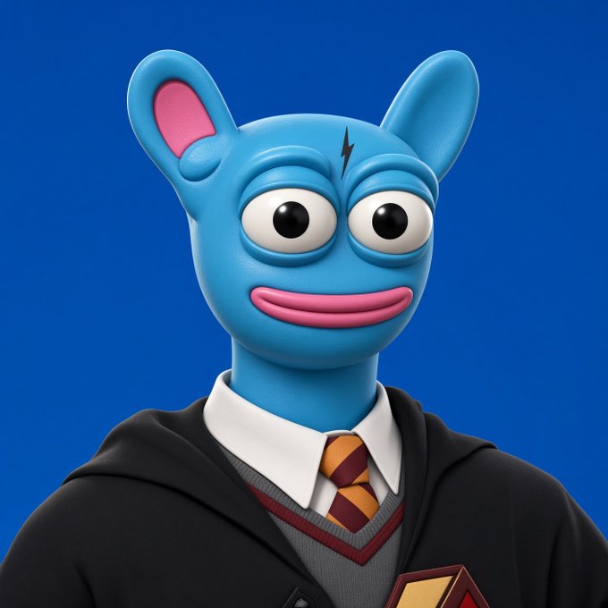 A 3D-rendered blue anthropomorphic character with large ears, wide eyes, and pink lips, dressed in a Hogwarts-style robe and Gryffindor tie, posed against a bright blue background to match the celebratory "Upgrade" profile pic announcement.