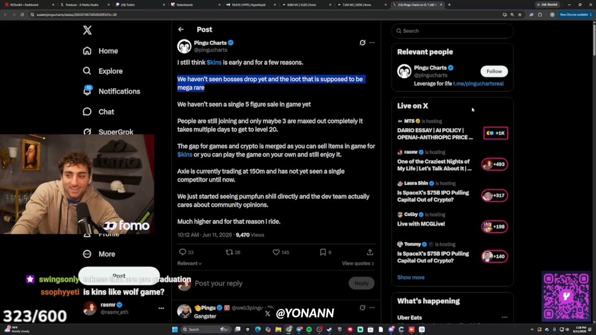 The image shows a screen with a Twitter account for someone named "Rasmr" who posted about a game called "Wolf Game". There are multiple people viewing the tweet, including the person who posted the message about the game. The caption reads, "Is KINS like Wolf Game? I actually lost so much money. I round tripped my entire port. My entire port." This refers to a similar game called Wolf Game that was created by KINS and gained popularity on social media platforms due to a troll's negative feedback. It appears the troll posted something hurtful, causing many people to lose money from investing in the game.