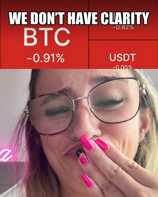 A meme image featuring a woman with glasses and pink nails looking concerned, with text "WE DON'T HAVE CLARITY" overlaid on red crypto price charts for BTC (-0.91%) and USDT (-0.00%).