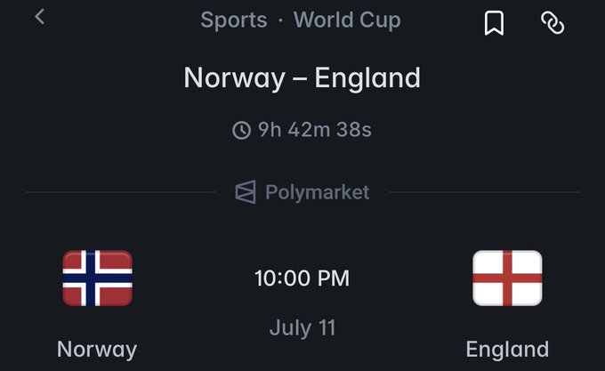 The image shows a Polymarket betting page for a World Cup soccer match between Norway and England scheduled for 10:00 PM on July 11, with the game starting in 9h 42m 38s. This relates to the post about donating to Polymarket by highlighting an active prediction market for an upcoming international soccer match between Norway and England.
