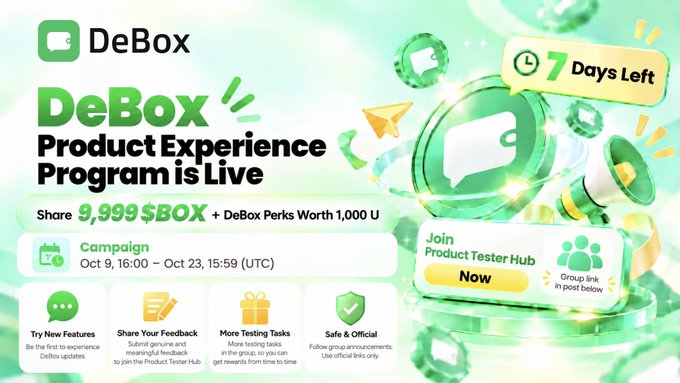 An advertisement for the DeBox Product Experience Program, offering to share 9,999 $BOX plus DeBox Perks worth 1,000 U, with 7 days left to join the Product Tester Hub campaign running from Oct 9 to Oct 23 (UTC).