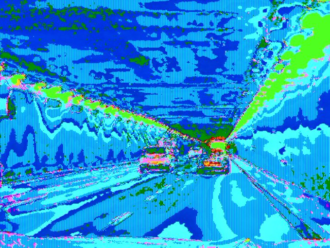 A highly stylized, colorful, and distorted landscape image with a glitch or digital art effect.