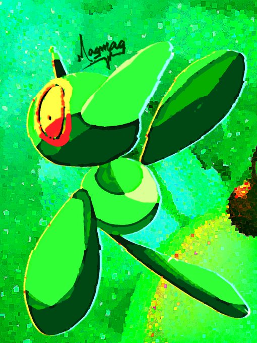A digital painting of a stylized green insect-like creature with a red and yellow head, signed 'Masmax'.