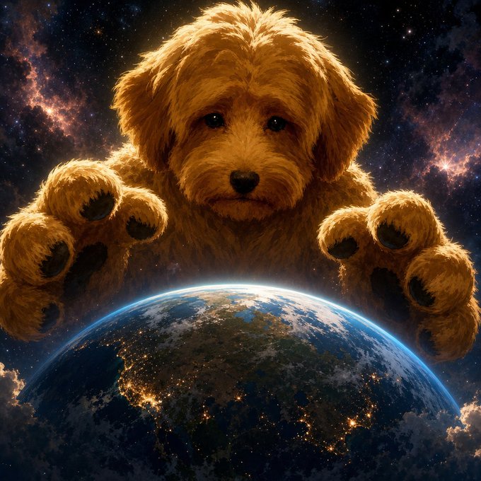 A digital illustration depicts a fluffy golden puppy floating in outer space, its paws resting on Earth with city lights glowing on the surface below.