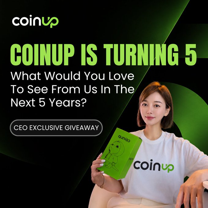 A promotional graphic for CoinUp's 5th anniversary asks 'What Would You Love To See From Us In The Next 5 Years?' alongside a woman holding a green CoinUp branded item.