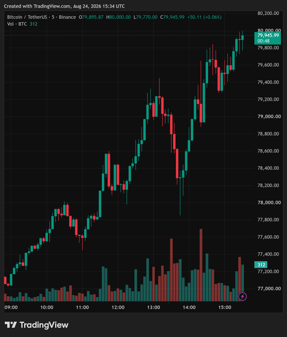 A TradingView candlestick chart for Bitcoin (BTC/USDT) on Binance shows a price increase, with the current price at 79,945.99 (+0.06%).