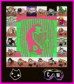 A Among Us-themed illustration featuring numerous character avatars arranged in a frame around a central pink figure on a green background.