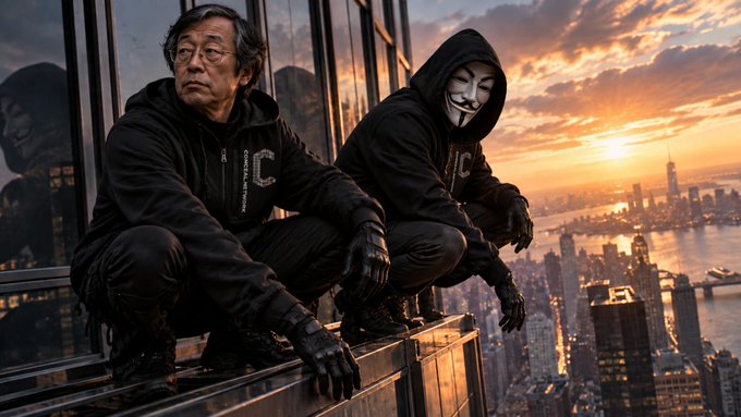 A digitally rendered scene depicting two hooded figures crouching on a skyscraper ledge at sunset overlooking a city skyline, one wearing a Guy Fawkes mask and the other appearing as an older Asian man, both wearing jackets with 'C' logos.
