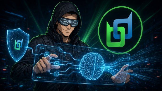 A digital illustration features a hooded, sunglasses-wearing hacker character interacting with a glowing blue holographic interface displaying a brain, alongside a shield icon and a green and blue logo.