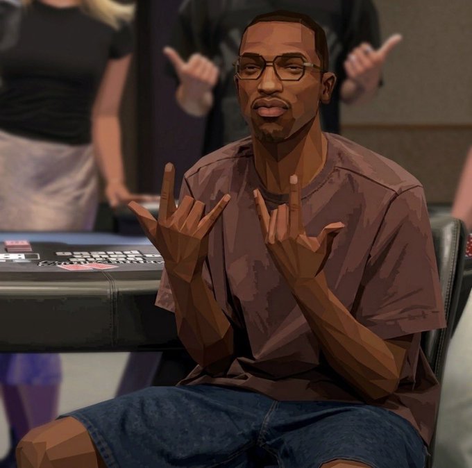 A stylized, posterized illustration of a man wearing glasses and a mauve t-shirt sitting at a table, making rock-and-roll hand gestures.
