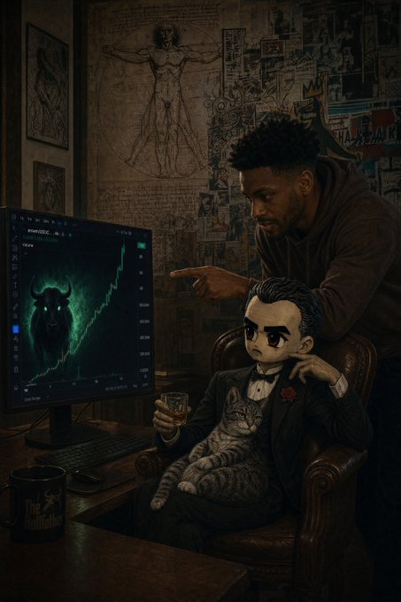 A man points at a computer monitor displaying a green bearish chart with a bull silhouette, while a black-and-white figure in a suit sits in a leather chair holding a whiskey glass with a cat on his lap, set against a wall featuring a Vitruvian Man sketch. The image visually reinforces the post's warning about steep corrections after parabolic moves, symbolizing the tension between market optimism (the bull) and bearish downturns (the declining chart).