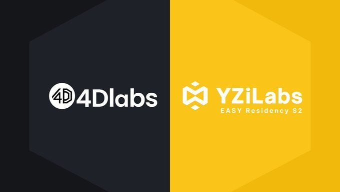 A split graphic with a black left side displaying the "4Dlabs" logo and a yellow right side featuring the "YZi Labs – Easy Residency S2" logo. The image highlights the partnership between 4D Labs and YZi Labs (formerly Binance Labs), tying into the post's promotion of an early alpha OAT claim limited to 20,000 users via Galxe.
