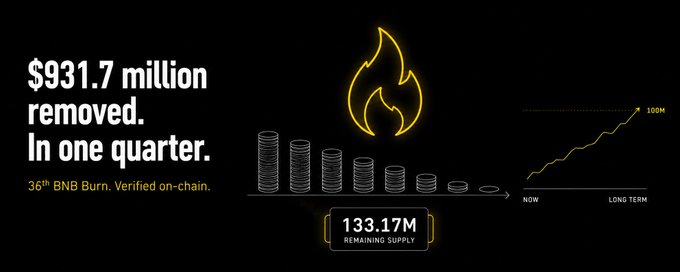 A Binance BNB burn announcement graphic stating '$931.7 million removed. In one quarter. 36th BNB Burn. Verified on-chain.' with visuals of burning coins and '133.17M REMAINING SUPPLY.'