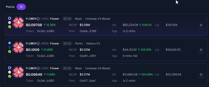 A dashboard displaying a list of 10 cryptocurrency pools featuring FLOWER/USDC Flower on Base and FLOWER/WRON Flower on Ronin, showing token prices, MCAP, volume, and liquidity metrics.