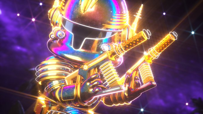 A vibrant 3D-rendered figure in gold and iridescent armor wields dual guns against a starry purple cosmic background.