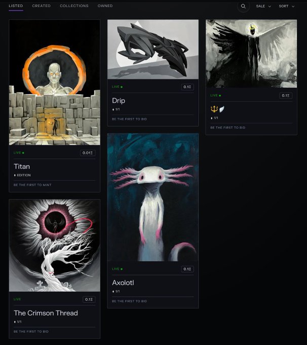 A screenshot of an NFT marketplace displaying several listings including 'Titan', 'Drip', 'Crucible', 'Axolotl', and 'The Crimson Thread', all marked as LIVE.