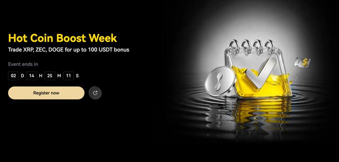 LBank's "Hot Coin Boost Week" promotion offers up to 100 USDT bonus for trading XRP, ZEC, and DOGE, with a countdown timer showing 2 days, 14 hours, and 25 minutes remaining and a "Register now" button. The image features golden cryptocurrency coins with "LBank" branding displayed against a black background, visually reinforcing the airdrop event described in the post.