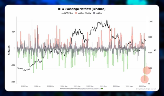 A chart titled "BTC Exchange Netflow (Binance)" showing Bitcoin price alongside weekly netflow bars from 2023 to late 2026, with the y-axis on the left labeled "Netflow (#)" ranging from -24K to 12K and the right axis showing BTC price from 0 to 120K, attributed to Glassnode via X (@DefiIgnas).