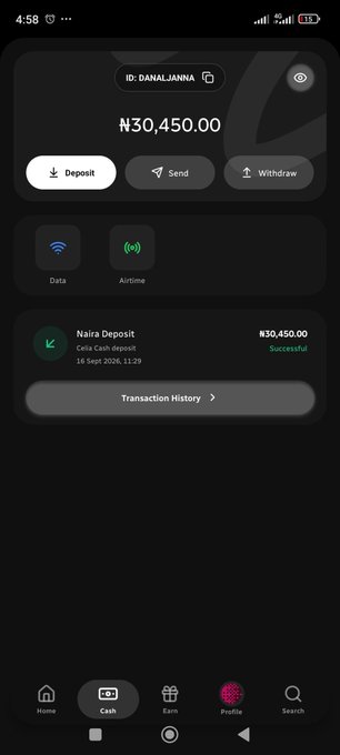 A mobile wallet app screenshot showing account "ID: DANALJANNA" with a balance of ₦30,450.00 and a successful Naira Cella Cash deposit dated September 14, 2026.