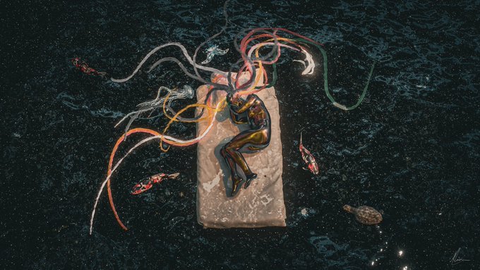 An artistic digital illustration depicts a dark figure curled on a beige cushion floating in dark water, with colorful tentacle-like ribbons emerging from their head, surrounded by koi fish and a small turtle.