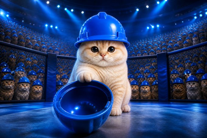 An adorable kitten wearing a blue hard hat reaches into a blue bowl inside a stadium filled with helmet-clad cats, visually reinforcing the post's call to "put on the helmet and join the ride" with the $BASECAT meme coin.