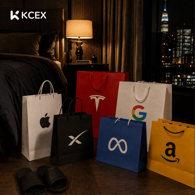 A promotional image with the 'KCEX' logo showing shopping bags with logos for Apple, X, Tesla, Meta, Google, and Amazon in a hotel room setting with a city skyline view.