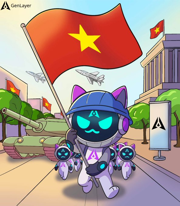 A cartoon illustration by GenLayer showing a character with a 'G' helmet holding a Vietnamese flag, walking with smaller robot companions past a tank and fighter jets.