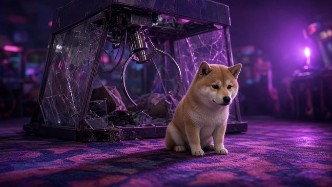 A small brown Shiba Inu puppy sits on a carpeted floor in front of a shattered glass display case containing debris, illuminated by purple lighting in a dark setting.