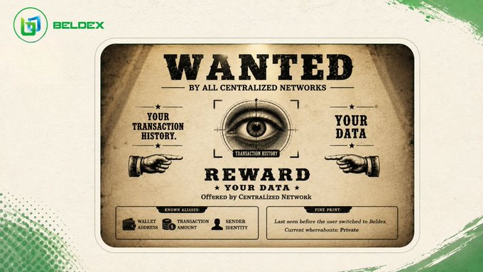 A Beldex-themed 'WANTED' poster styled like an Old West bounty notice, featuring an eye in the center and text reading 'BY ALL CENTRALIZED NETWORKS,' 'YOUR TRANSACTION HISTORY,' 'YOUR DATA,' and 'REWARD YOUR DATA Offered by Centralized Network,' promoting privacy in cryptocurrency.