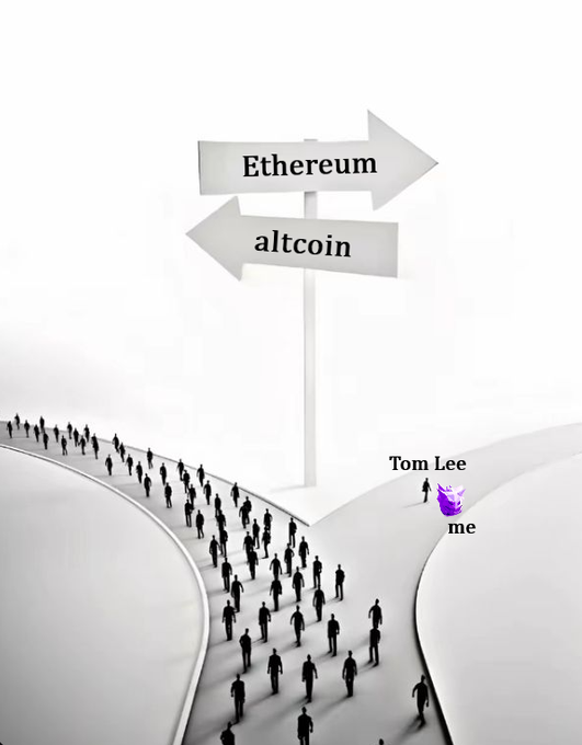 The image features a white sign with black text that says "ETH altcoin" above an arrow pointing left, and another arrow pointing right below the first one. The arrows are positioned at different heights, creating a sense of depth in the scene. In front of these signs, there is a group of people walking on a road or path, which adds to the overall atmosphere of the image.