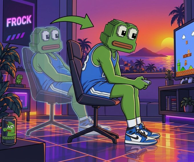 A digital illustration showing a green block-headed cartoon character in a blue basketball jersey and sneakers sitting in a gaming chair playing video games, with a 'FROCK' neon sign in the background.