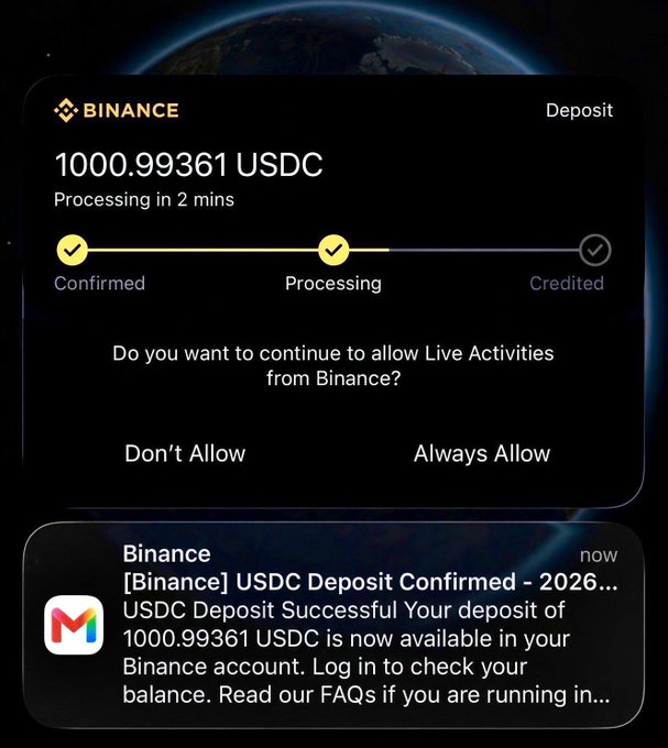 A smartphone screenshot shows a Binance USDC deposit of **1000.99361 USDC** marked “Confirmed,” “Processing,” and “Credited,” with a notification saying “USDC Deposit Successful.” A permission prompt asks to allow Live Activities from Binance, contrasting with the accompanying giveaway post claiming free USDC was sent to followers.
