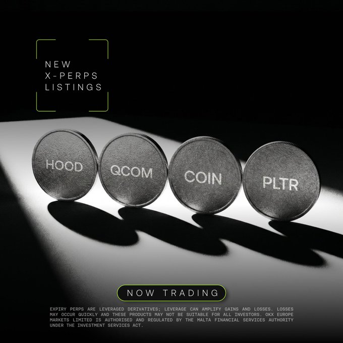An advertisement for OKX announcing 'NEW X-PERPS LISTINGS' featuring HOOD, QCOM, COIN, and PLTR as 'NOW TRADING', with a disclaimer about leveraged perpetual expiry perps.
