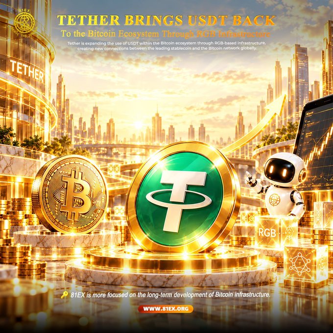 A promotional graphic for Tether (USDT) and Bitcoin, featuring the text 'TETHER BRINGS USDT BACK To the Bitcoin Ecosystem Through RGB Infrastructure' with logos for Tether, Bitcoin, and 81EX (www.81ex.org), along with an astronaut robot character.