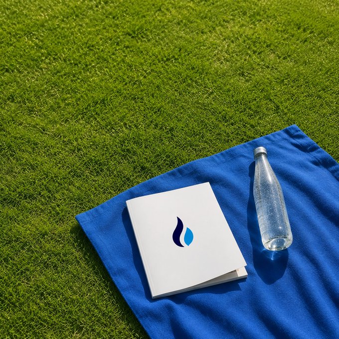 A white book with a blue droplet logo rests on a blue towel beside a clear water bottle on a grassy lawn. The serene outdoor setting complements the post's Sunday message about embracing challenging yet meaningful pursuits.