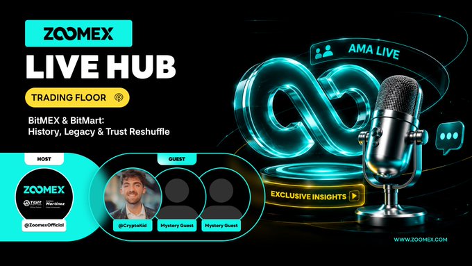 Promotional graphic for Zoomex Live Hub's AMA event titled "BitMEX & BitMart: History, Legacy & Trust Reshuffle," featuring host @ZoomexOfficial and guest @Cryptolid alongside two mystery guests, with a sleek microphone and infinity symbol design highlighting "Exclusive Insights" and "AMA Live."