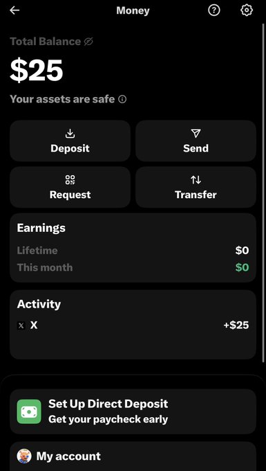 This image shows a "Money" screen with a total balance of $25, reflecting the "+$25" in the "Activity" section, which likely corresponds to the "X Money" mentioned in the post.