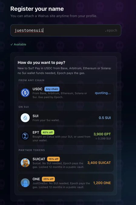 A Walrus Site name registration screen showing 'juestonesui1' as available, with payment options in USDC, SUI (0.5 SUI), EPT (3,900 EPT, 40% off), SUICAT (3,400 SUICAT, 15% off), and ONE (1,200 ONE, 25% off).