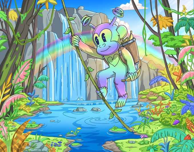 A colorful cartoon illustration of a rainbow-colored monkey-like creature with antennae walking across a vine over a pond with a waterfall in the background.