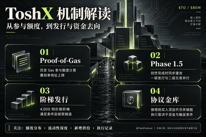 A dark promotional graphic explaining the 'ToshX' mechanism in Chinese, featuring four numbered sections including Proof-of-Gas, Phase 1.5, tiered issuance, and a protocol treasury.